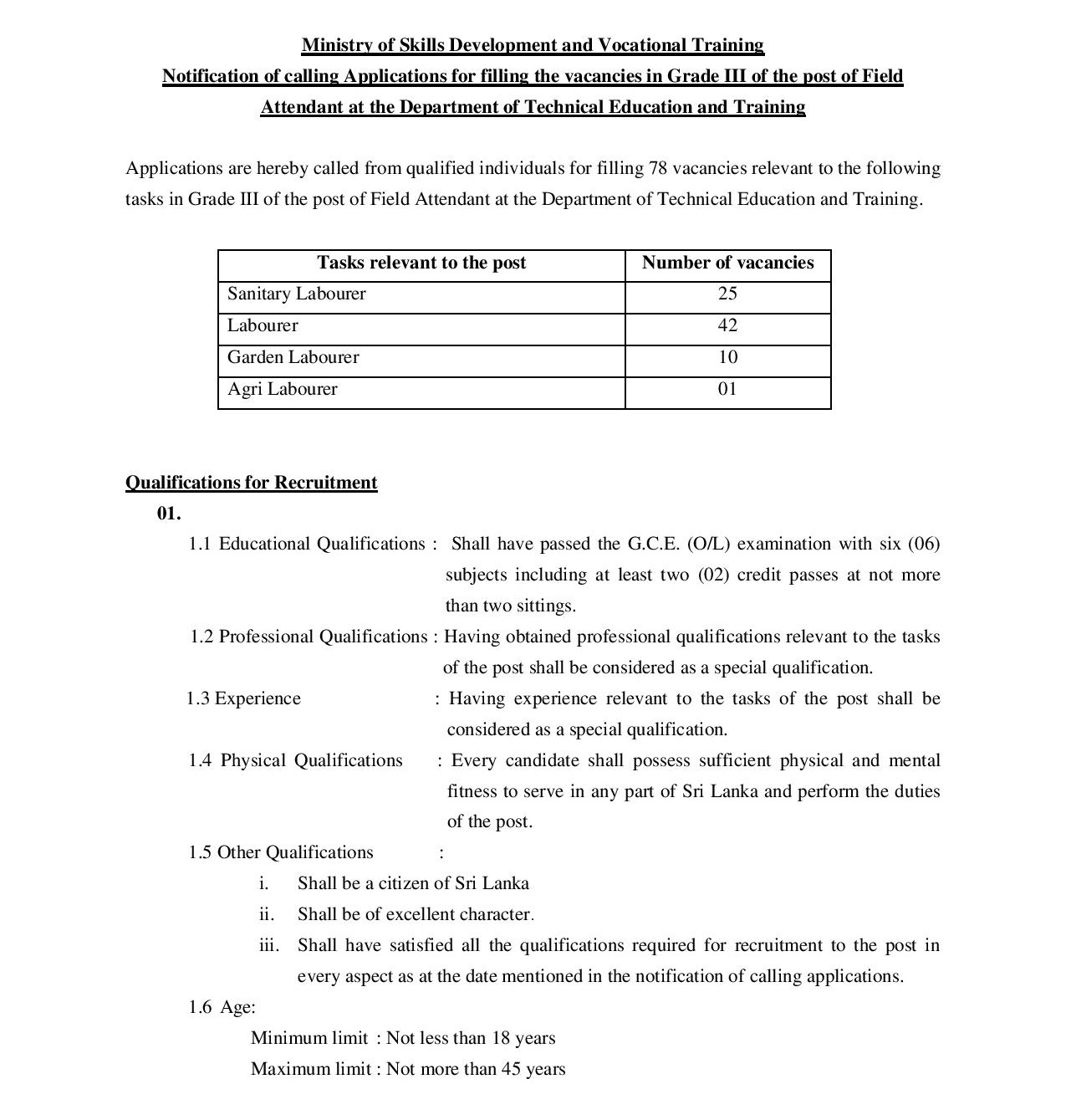 Field Attendant - Department of Technical Education & Training